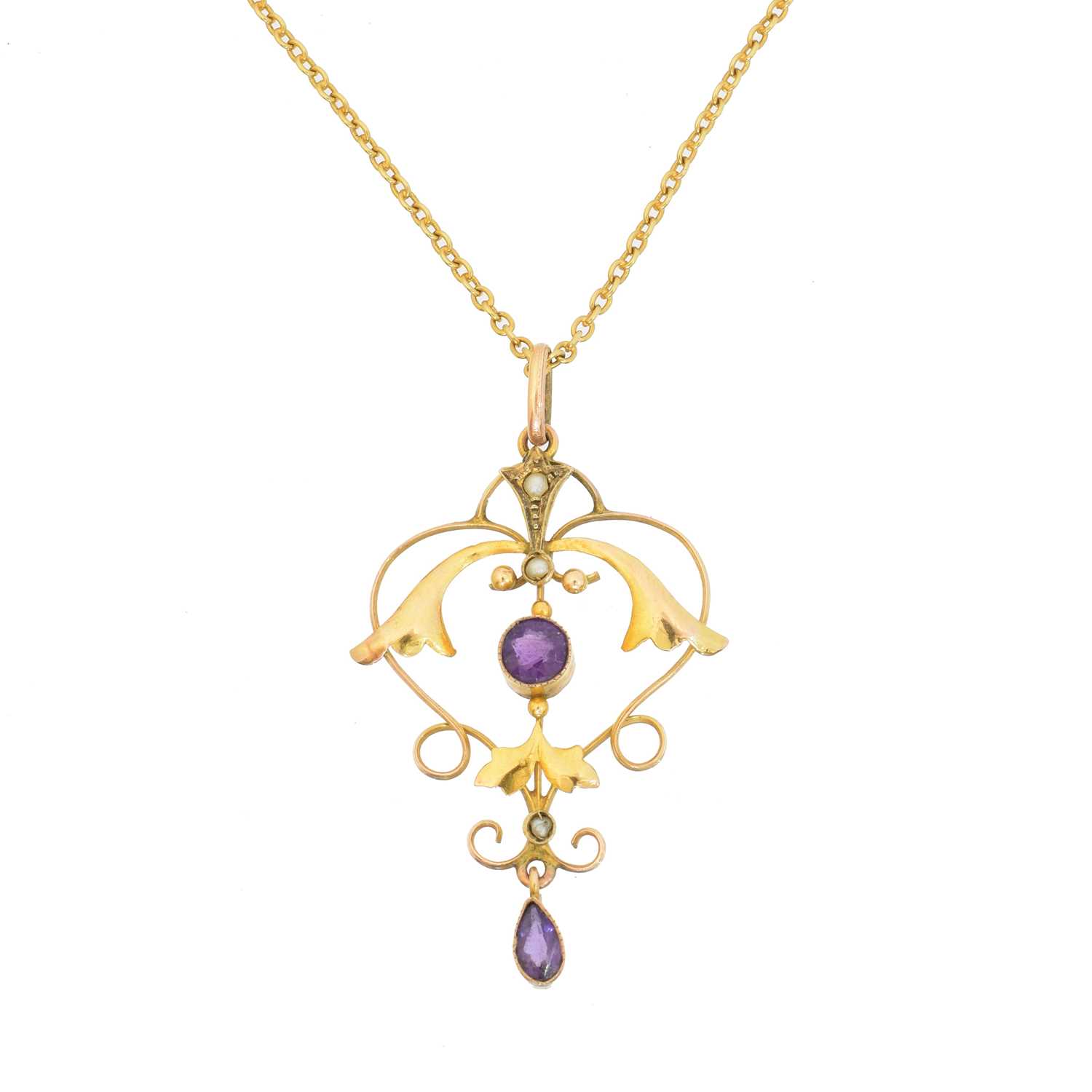 Lot 70 - An early 20th century amethyst and split pearl pendant