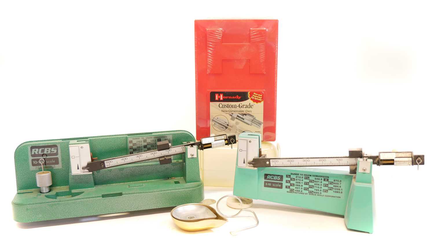 Lot 572 - Two RCBS scales and a set of .243Hornady dies
