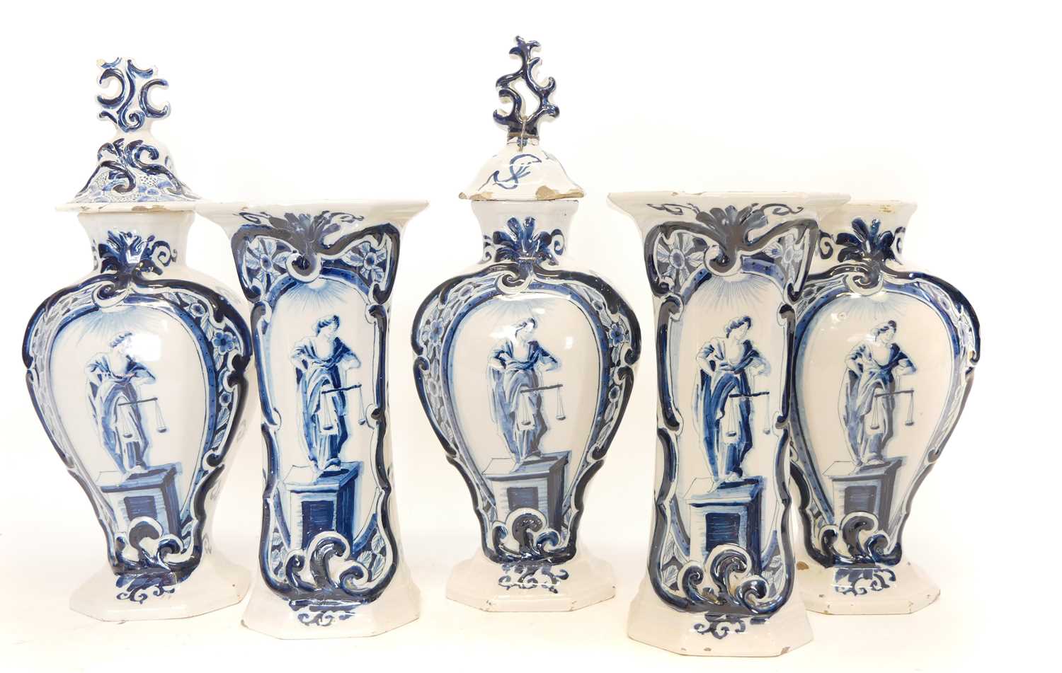 Lot 235 - Garniture of five Delft vases