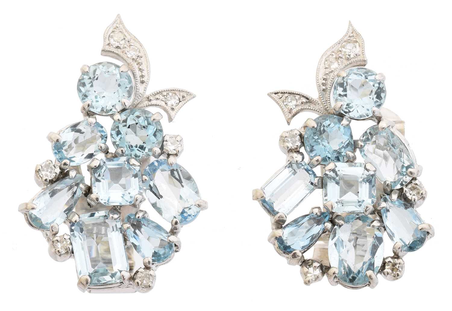 Lot 53 - A pair of aquamarine and diamond earrings