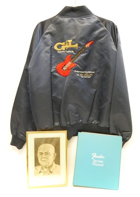 Lot 223 - G&L Fender jacket, Fender Service manual and a pencil drawing of Leo Fender