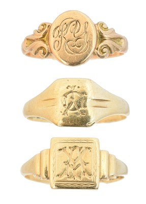 Lot 71 - Three 9ct gold signet rings