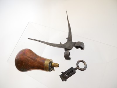 Lot 202 - Powder flask, bullet mould and mainspring clamp.