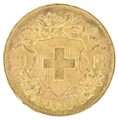 Lot 54 - Switzerland, Helvetia, 1935, 20 Franc gold coin.