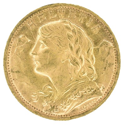 Lot 54 - Switzerland, Helvetia, 1935, 20 Franc gold coin.