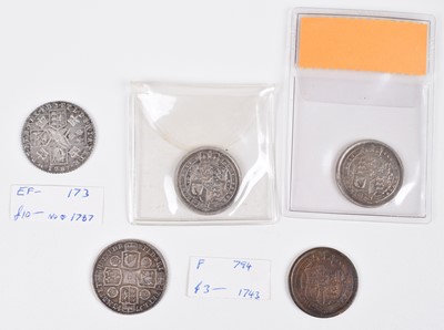 Lot 24 - George II Shilling, Three George III Shillings and one counterfeit George III Shilling (5).