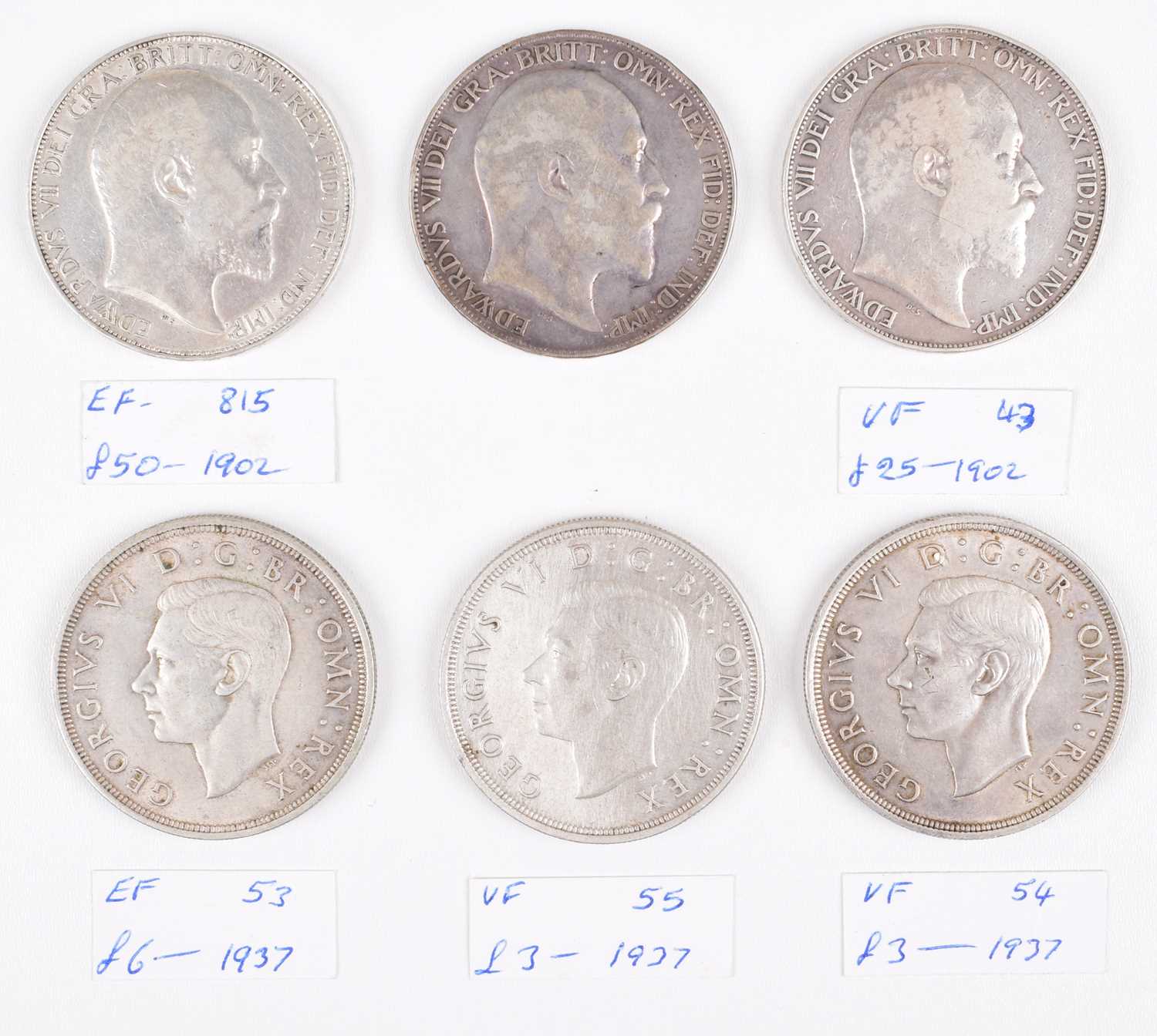 Lot 37 - Three Edward VII 1902 silver crowns, various grades and three George VI 1937 crowns (6).
