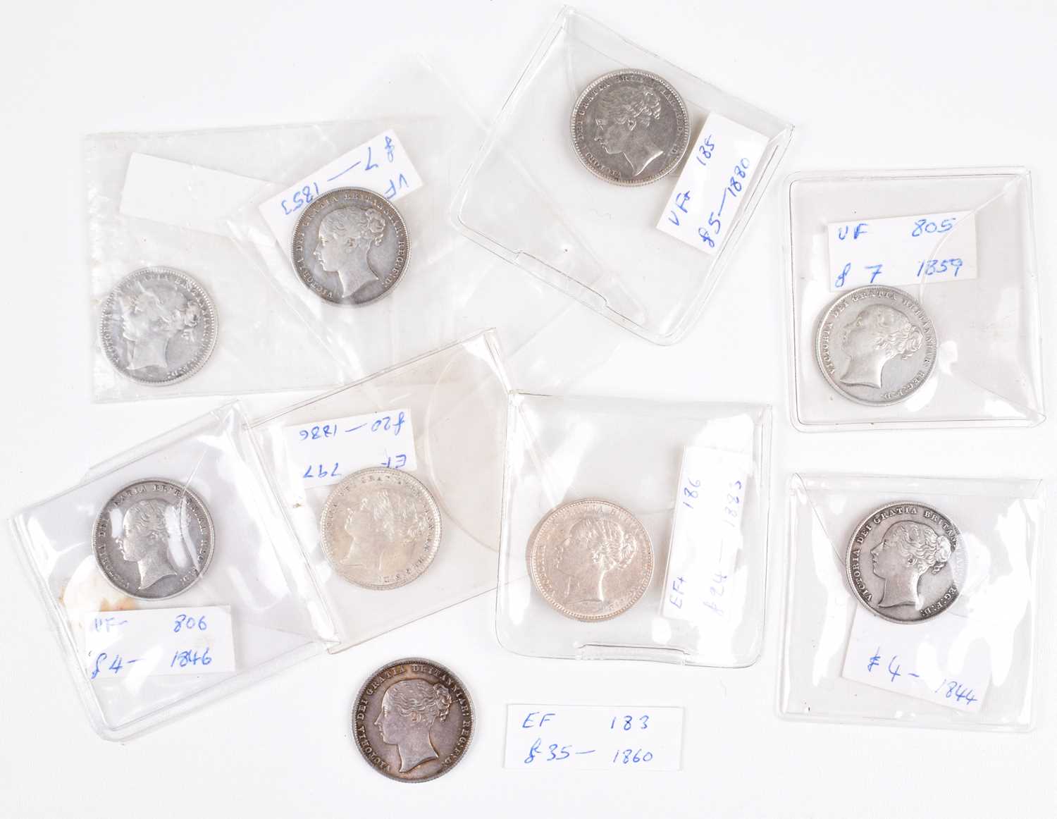 Lot 26 - Selection of Queen Victoria young head mid to high-grade silver shillings (9).