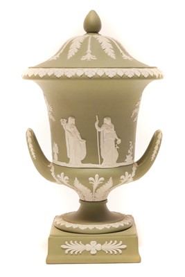 Lot 178 - Wedgwood green jasperware twin-handled campana vase and cover