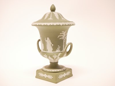 Lot 178 - Wedgwood green jasperware twin-handled campana vase and cover