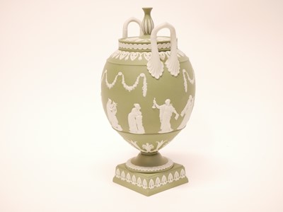 Lot 177 - Wedgwood green jasperware ovoid vase urn