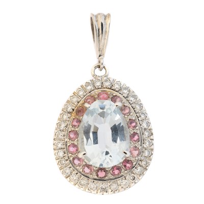 Lot 40 - An aquamarine, sapphire and diamond pendant
