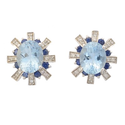 Lot 31 - A pair of 18ct gold aquamarine, sapphire and diamond earrings