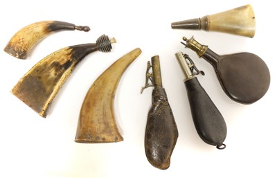 Lot 208 - Four horn powder flasks and three leather shot flasks