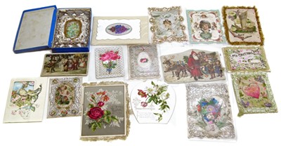 Lot 123 - 16 victorian and early 20th Century handmade silk and embossed paper postcards