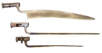 Lot 344 - Reproduction Kukri socket bayonet, and brown bess bayonet, also an original socket bayonet.