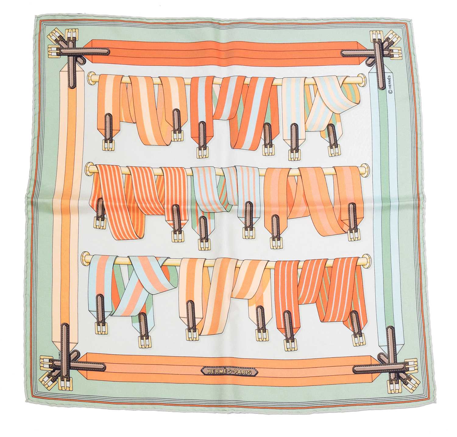 Lot 57 - A Hermès "Les Sangles" silk scarf/pocket square by J. Metz