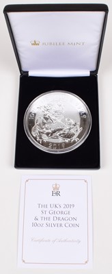 Lot 54 - Jubilee Mint, Ten Pounds, 2019, St George and the Dragon 10 ounce silver coin.