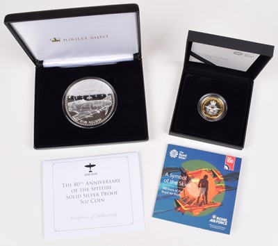 Lot 57 - 80th Anniversary of the Spitfire 5oz Coin and Royal Mint 2018 RAF Centenary Badge £2 Coin (2).