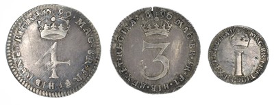 Lot 1 - William and Mary Maundy silver coins to include 1690 Fourpence, Threepence and Penny (3).
