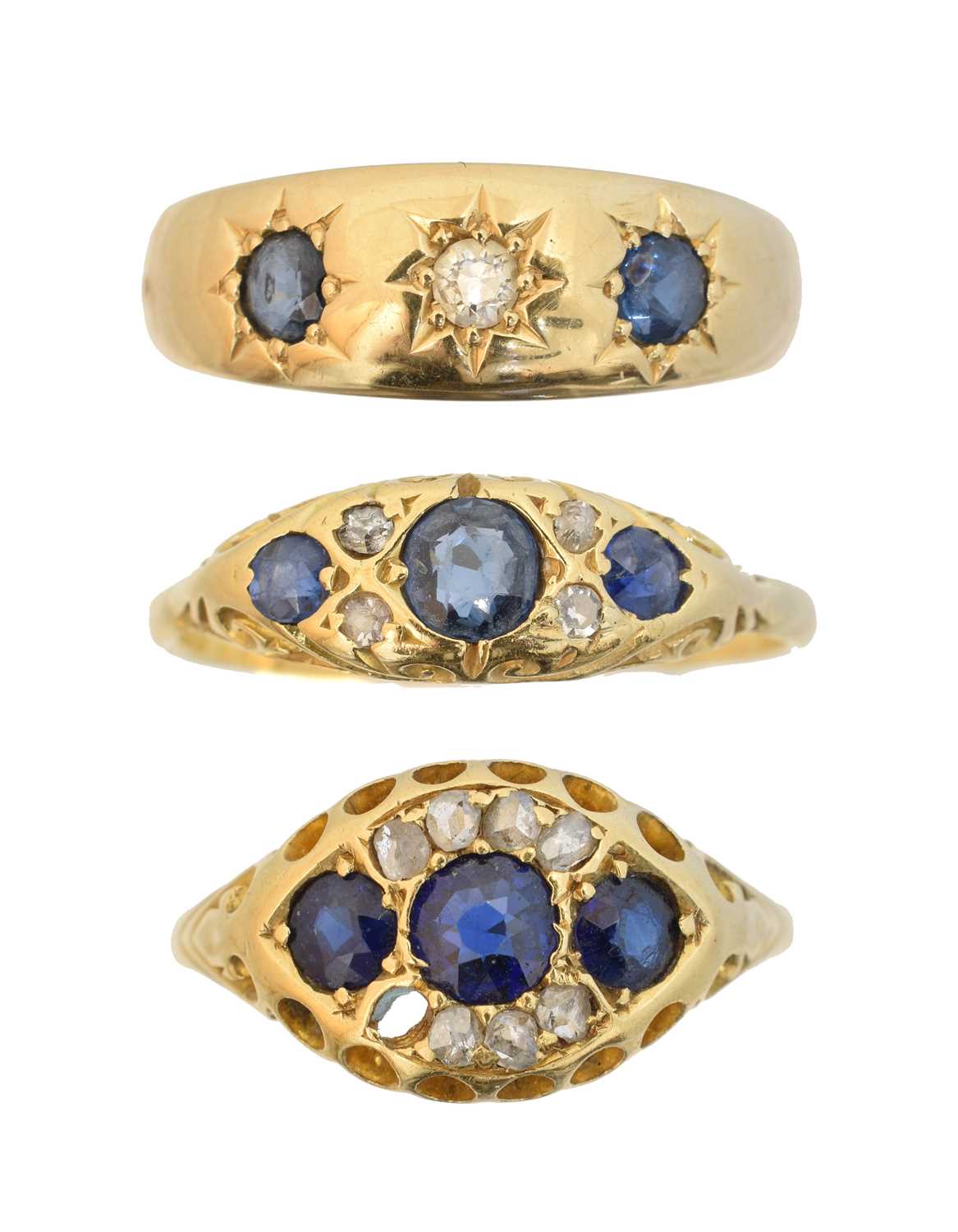 Lot Three 18ct gold sapphire and diamond dress rings