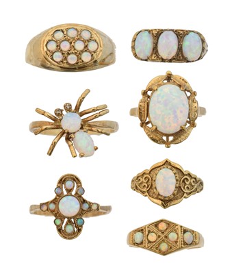 Lot 72 - Seven 9ct gold synthetic opal dress rings