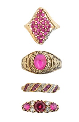 Lot 126 - Four 9ct gold ruby dress rings