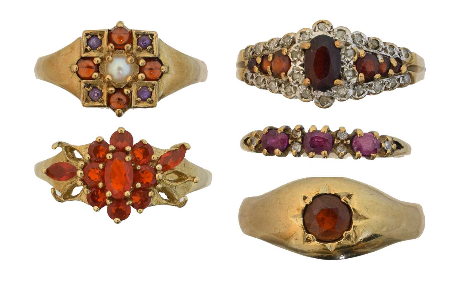 Lot 50 - Five 9ct gold gem-set dress rings
