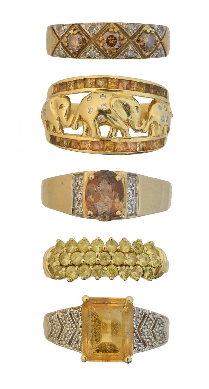 Lot 54 - Five 9ct gold gem set rings