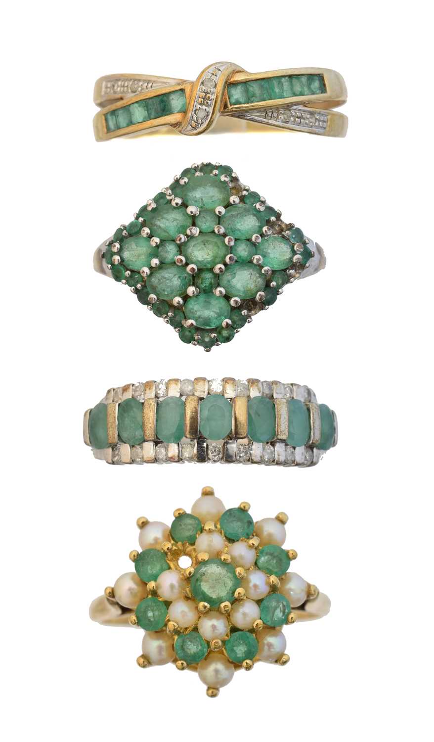 Lot Four 9ct gold emerald dress rings