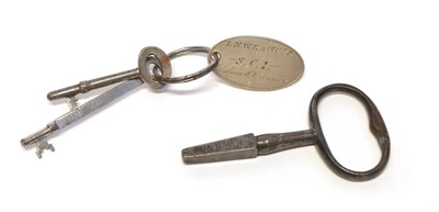 Lot 156 - Square train carriage key and a set of keys