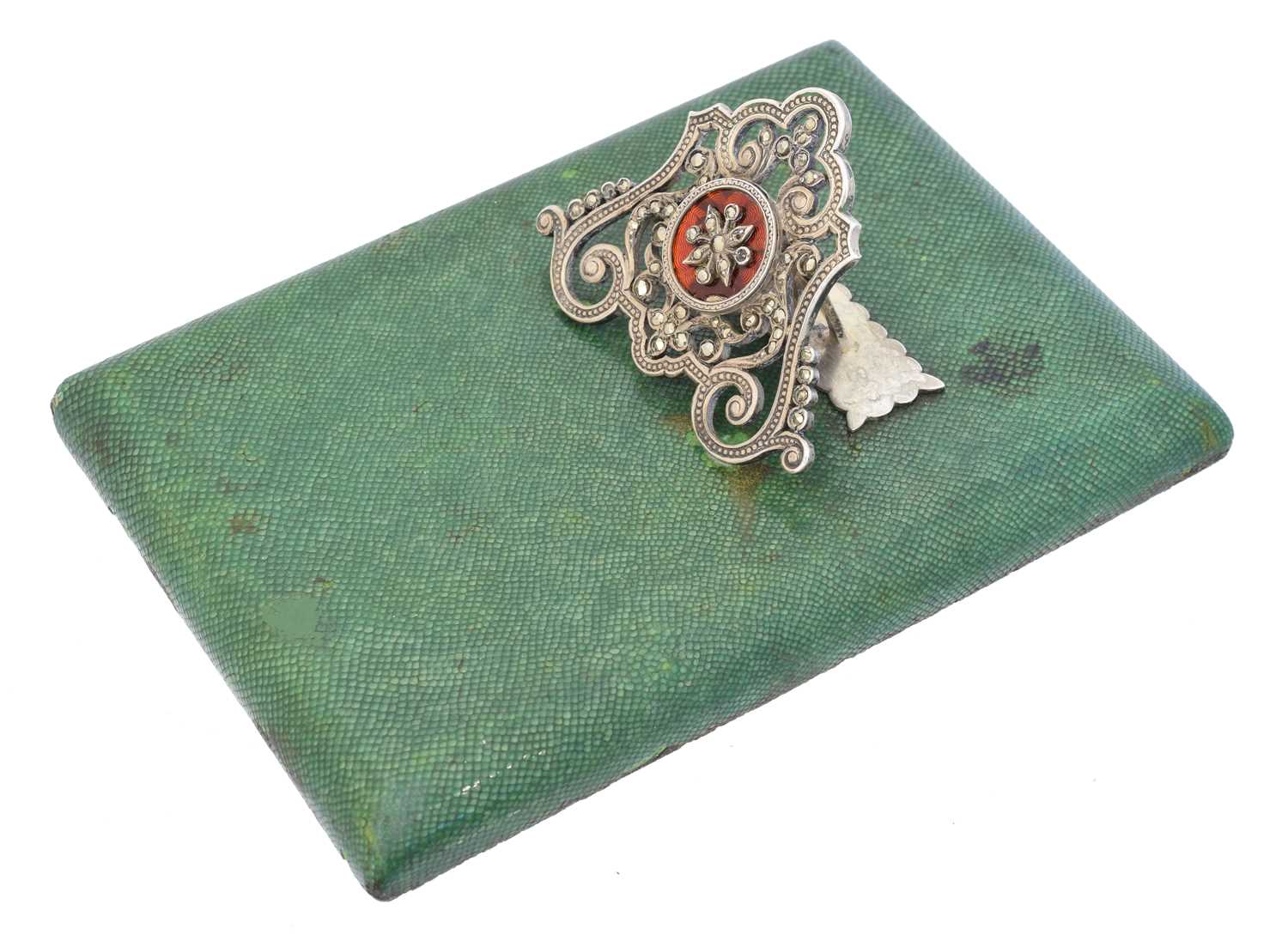 Lot 135 - A silver, enamel and marcasite desk tidy