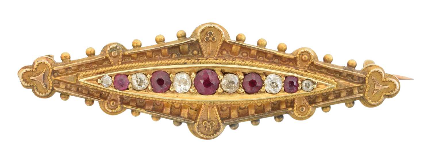 Lot A late Victorian 15ct gold diamond and ruby brooch