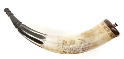 Lot 243 - Finely hand-carved 21st century scrimshaw powder horn.
