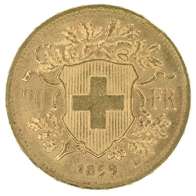 Lot 159 - Switzerland, Helvetia, 20 Francs, 1899 B, gold coin.