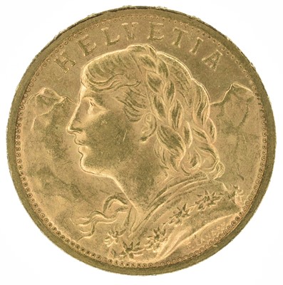 Lot 159 - Switzerland, Helvetia, 20 Francs, 1899 B, gold coin.