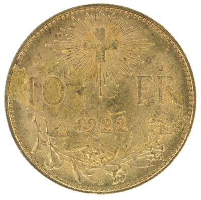 Lot 160 - Switzerland, Helvetia, 10 Francs, 1922 B, gold coin.