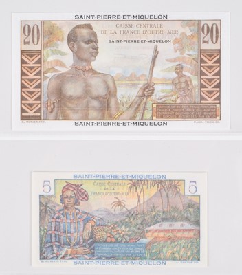 Lot 79 - Two Saint-Pierre et Miquelon (France) 20 Francs and 5 Francs banknotes, (1950-60), UNC (2).