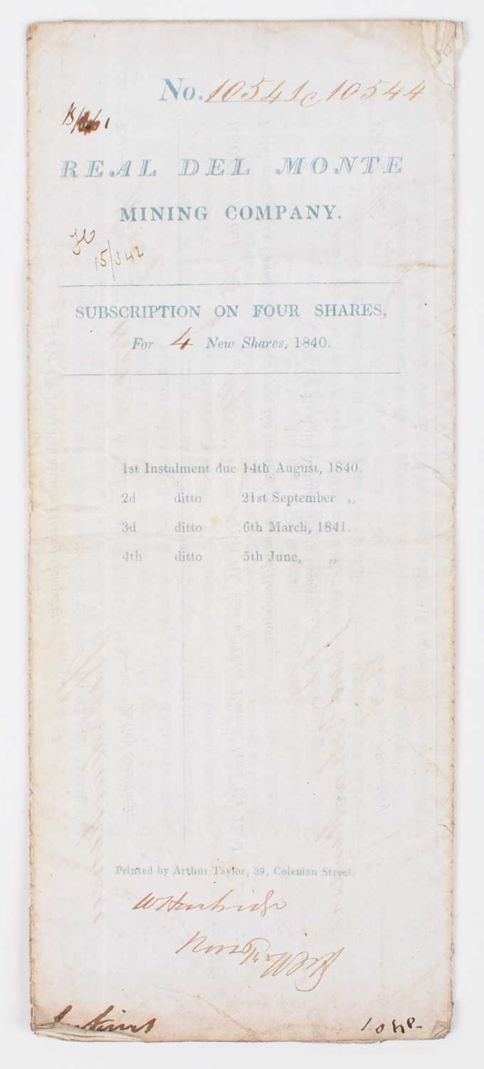 Lot 20 - Real Del Monte Mining Company, Subscription on Four Shares, 1840.
