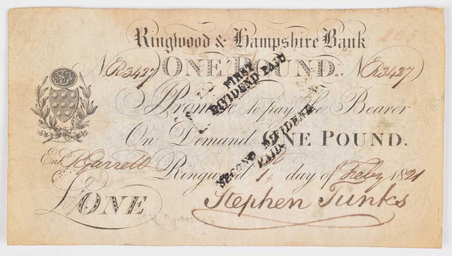 Lot 173 - Ringwood & Hampshire Bank, One Pound banknote, 1821.