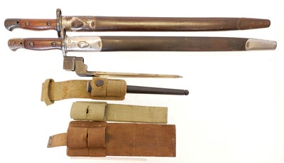 Lot 337 - No. 4 cruciform bayonet, two 1907 bayonets and two frogs