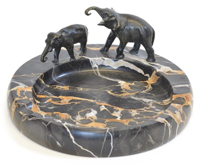 Lot 13 - Marble ashtray with two bronze elephants