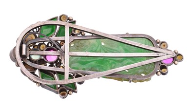 Lot 8 - A jade and gem-set silver clip brooch attributed to Dorrie Nossiter