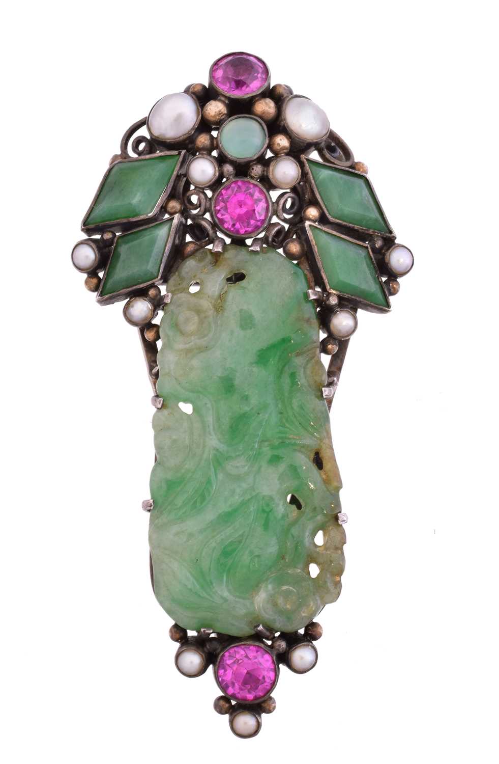 Lot 8 - A jade and gem-set silver clip brooch attributed to Dorrie Nossiter