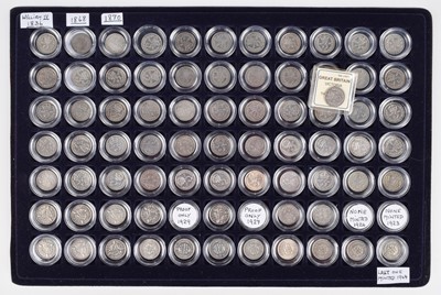 Lot 8 - Tray of silver and later Threepences from William IV through to George VI (74).