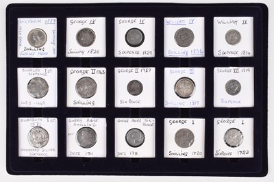 Lot 9 - Tray of silver Shillings and Sixpences from Elizabeth I through to William IV (15).