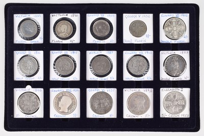 Lot 10 - Tray of silver and later Florins, Halfcrowns and Crowns from George III to Elizabeth II.
