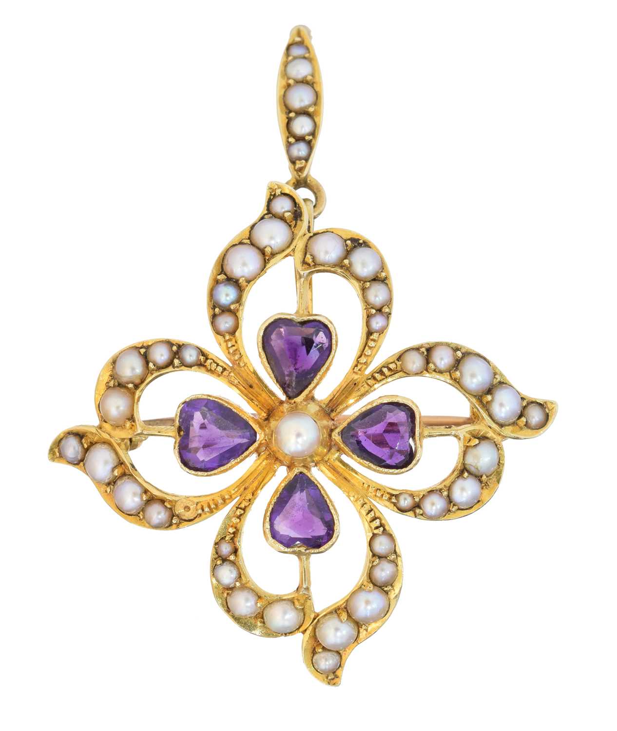 Lot 59 - An early 20th century amethyst and split pearl pendant