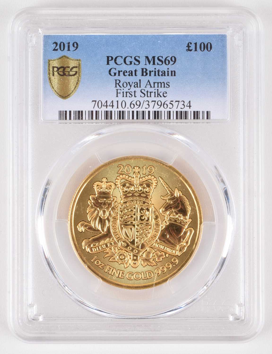 Lot 84 - Queen Elizabeth II, 100 Pounds, 2019, Royal Arms, graded as MS69.