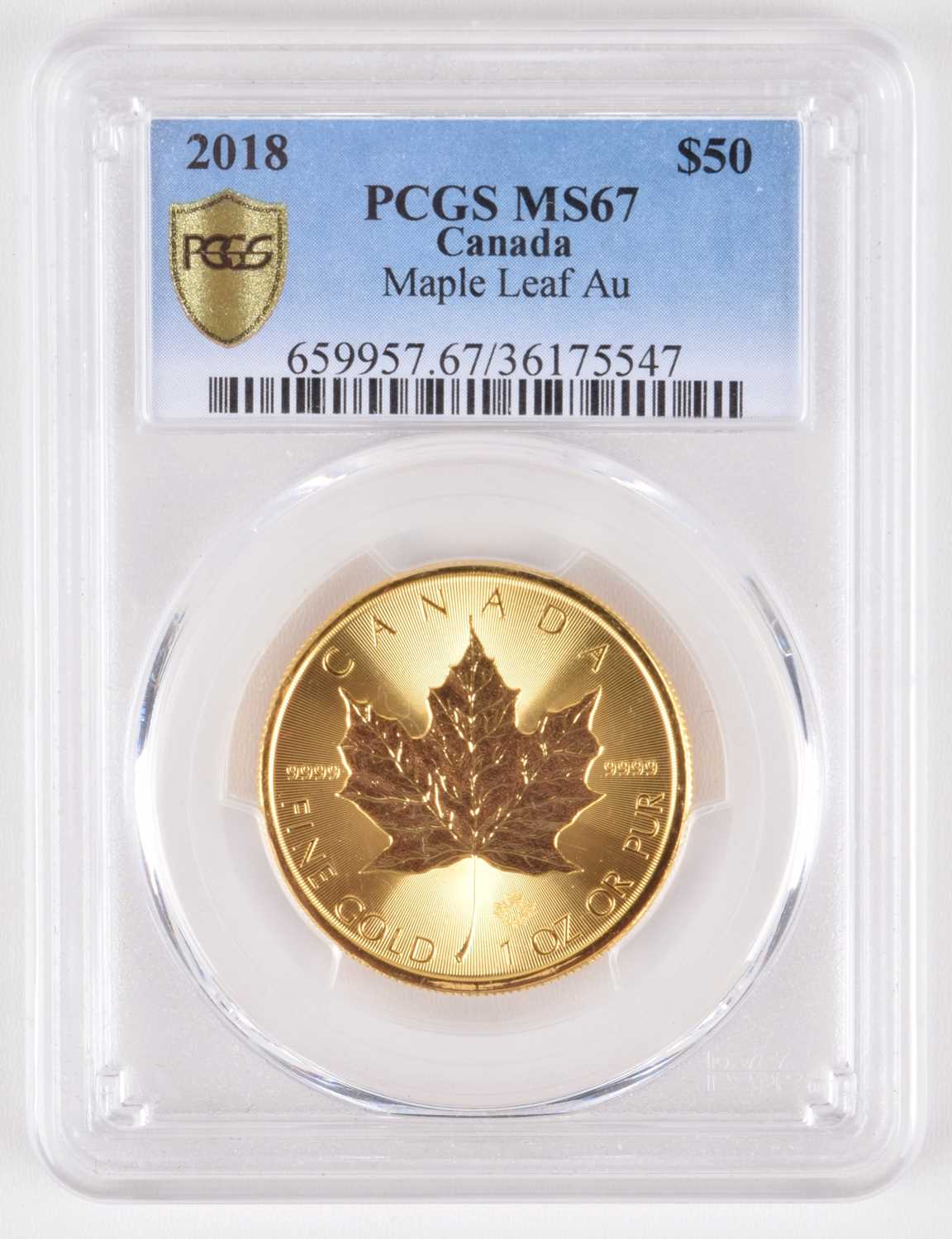 Lot 143 - Canada, Queen Elizabeth II, 50 Dollars, 2018, Maple Leaf, graded by PCGS as MS67.